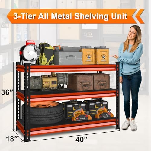 3-Tier Garage Shelving Heavy Duty,40''W x 18''D x 36''H Metal Shelving Unit,1320 lbs Weight Capacity Adjustable Storage Shelves for Retiple Tanks, Aquariums, Pantry,Red