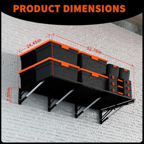 Heavy Duty Foldable Garage Storage Shelves Wall Mounted Metal Rack Unit Organizer with Removable Edge Barriers, Adjustable System for Corner Wall Use, 52.76 Inch Long 24.45 Inch Large