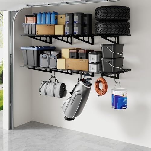 FLEXIMOUNTS 2-Pack Garage Shelving with Hooks, 2x6ft Storage Shelves, Black