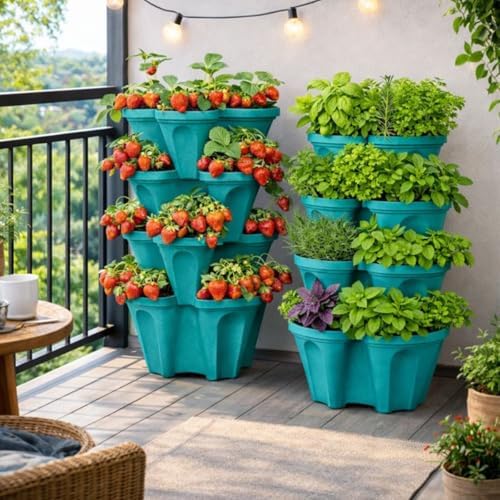 Large Vertical Planter Tower, 4 Tier Stackable Garden Planter, 16 Plant Sites, Heavy Duty Strawberry Planter, Vertical Growing System with Center Hole, Made in USA (Mineral Teal, Large)