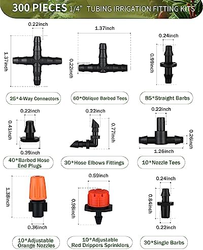 300Pcs Drip Irrigation Fittings Kit for 1/4" Tubing, Drip Line Connectors for Drip Systems- Drip Emitters, Nozzles, Nozzle Tees, Single barbs, 4-Way Connectors, End Plugs, Elbows, Tees, Couplings