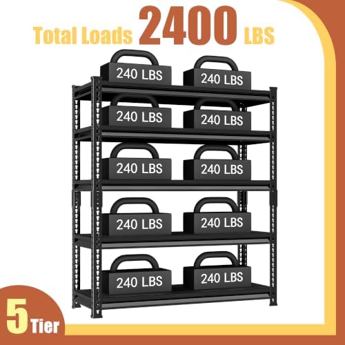 5-Tier Garage Shelving Heavy Duty, 48''W x 18''D x 78''H Metal Shelving Unit, 2400 lbs Weight Capacity Adjustable Storage Shelves for Retiple Tanks, Aquariums, Pantry, Black