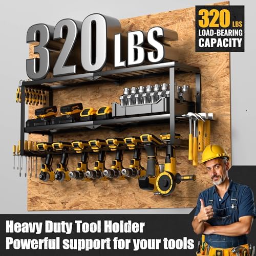 Heavy Duty Power Tool Organizer Wall Mount, Metal Tool Storage Rack Loads 320lbs, 8 Cordless Drill Holder 3 Layer for Garage, Workshop, Tool Room, Gift for Men