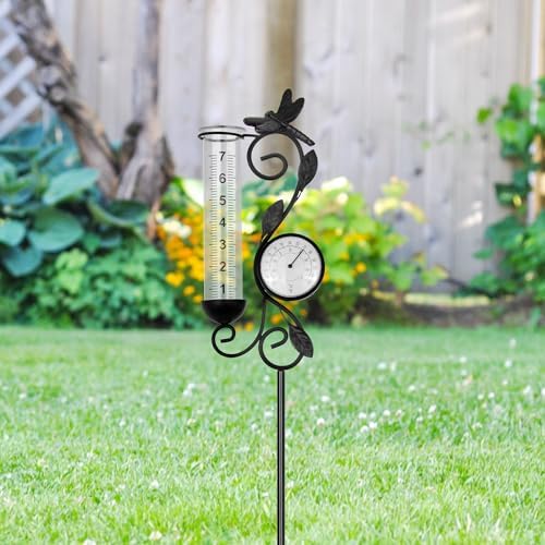 Dragonfly Rain Gauge Garden Decor, 32" Thermometer Patio Decor, 7" Capacity Rain Gauge Replacement Tube Glass, Outdoor Temperature Patio Decor