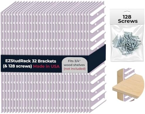 EZStudRack Shelf Bracket - Shelf Brackets for Wall - Wall Mount Shelf - Floating Shelf Hardware - Shelving Brackets for Home - Garage Shelf Brackets - Wood Not Included - 32 Pack (16 Pair) White