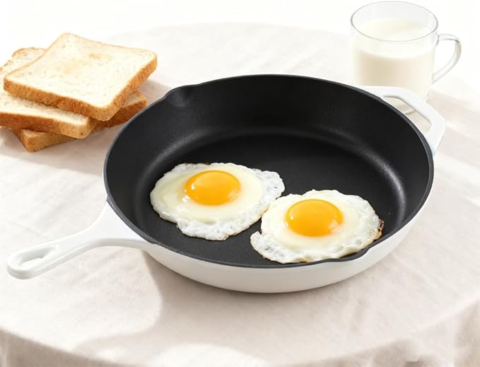 Commercial Grade, Cast Iron Enameled Cookware (White, Skillet 8”)