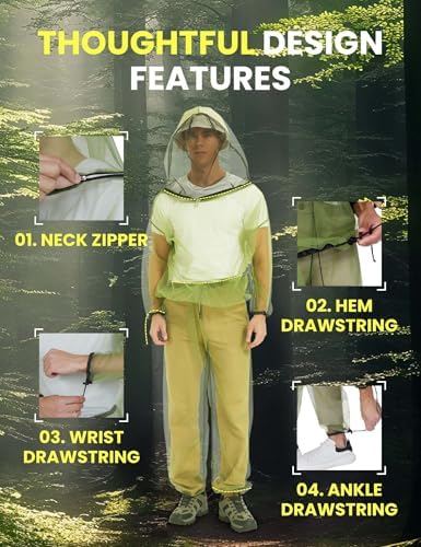 HENNCHEE Mosquito Suits for Adult, Mesh Net Bug Hooded Jacket Pant, Outdoor Full Body Protection Mosquito Proof Clothing
