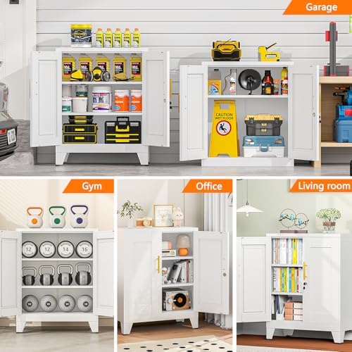 Small Metal Storage Cabinet, Lockable Tool Cabinet with Doors and 2 Shelves