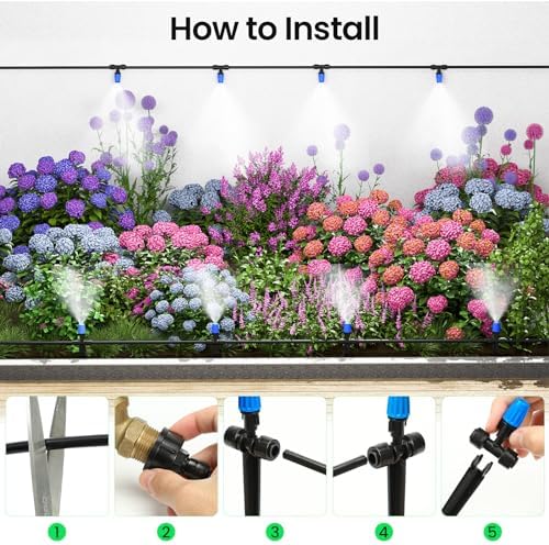 MIXC 65FT Drip Irrigation System, Quick Connect Misting System, 15 Nozzles