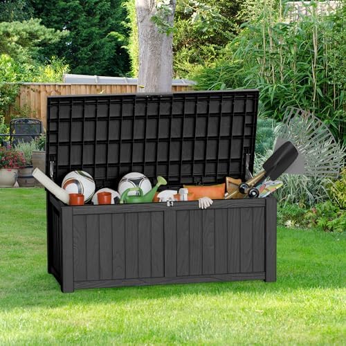 150 Gallon Lockable Resin Outdoor Storage Box, Waterproof & Weather Resistant Deck Box for Patio Cushion, Garden Tools & Pool Accessories, Black