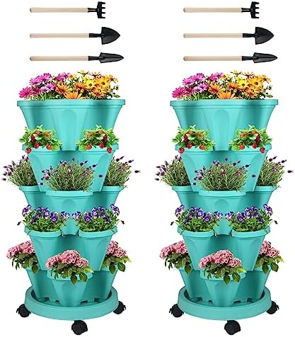 DUNCHATY Stackable Planter, Vertical Garden Planter with Wheels and Garden Tools, Strawberry Planter Indoor/Outdoor 5 Tier Herb Planter Pots for Growing Vegetables and Succulents,Teal