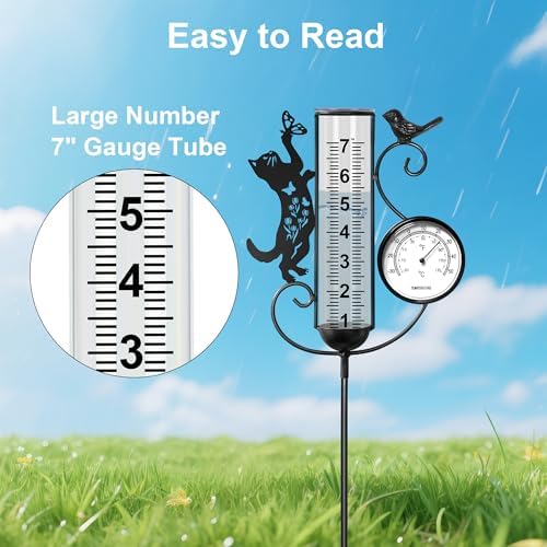 shumi Rain Gauge Outdoor with Thermometer, Decorative Cat Rain Gauge