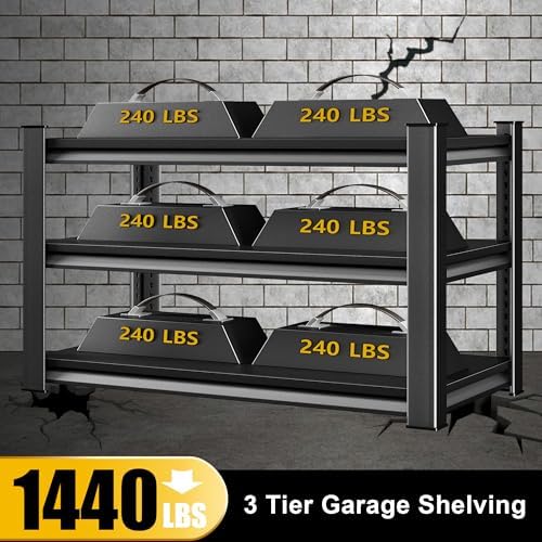 40" W Garage Shelving Heavy Duty, 1440LBS Loads Garage Storage Shelves Heavy Duty, 3-Tier Metal Shelving Units and Storage Racks, Industrial Utility Shelf,40" Wx18 Dx36 H, Black