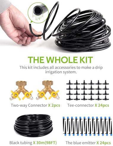 HIRALIY 100ft Drip Irrigation Kit Plant Watering System 8x5mm Blank Distribution Tubing DIY Automatic Irrigation Equipment Set for Garden Greenhouse Flower Bed Patio Lawn