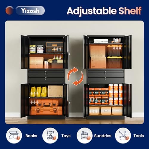 Yizosh Metal Garage Storage Cabinet with Locking Doors and Adjustable Shelves, 71" Tool Storage Cabinet with 2 Drawer for Garage,Warehouse
