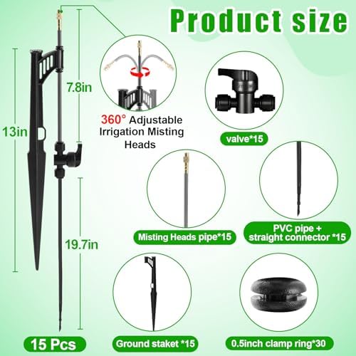 15 Sets 360° Adjustable Irrigation Misting Heads with Stake
