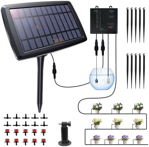 Solar Drip Irrigation System for Garden, Automatic Drip Irrigation Kit with 33FT Tubing, Solar Powered Plant Watering Device for Potted Plants, Vacation, Outdoor No Wiring Needed (10 Pots)