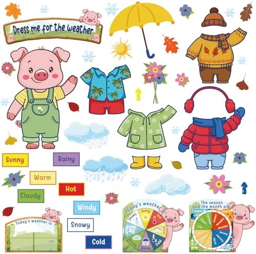 Gilprop 58 Pcs Dress for Weather Bulletin Board Set for Classroom, Piggy