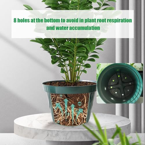 10 Pack Green Plastic Planter Pots, 10 Inch Thick with Multiple Drainage Holes, for Herbs, Strawberries, Flowers - Indoor/Outdoor