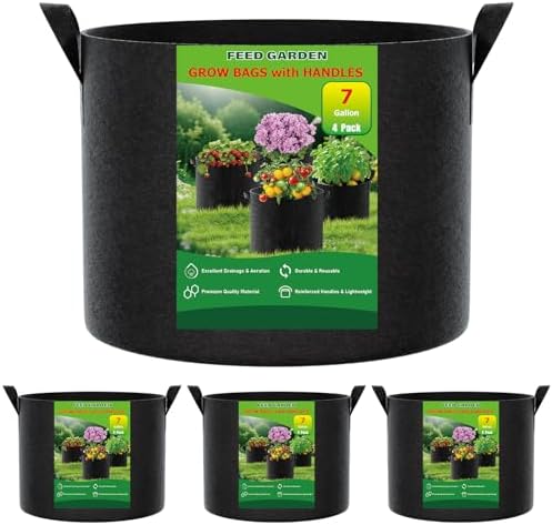 FEED GARDEN 7 Gallon Grow Bags 4 Pack – 300G Thickened Non-Woven Fabric Pots Double-Stitched Handles, Breathable Drainage Planters for Peppers,Tomatoes, Strawberries & Flowers, Indoor Outdoor