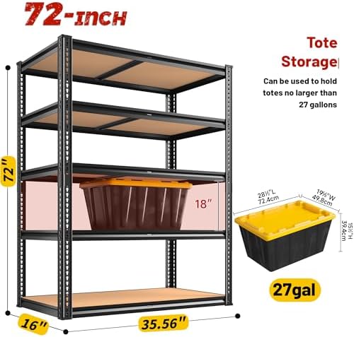 ROOMFAVE Garage Shelving Heavy Duty, 5 Tier,72" H x 35.56" W x 16" D Black