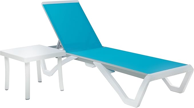 Kozyard Patio Chaise Lounge Chair - Full Flat Alumium & Resin Legs, Outdoor Reclining Adjustable Chair for Sunbathing, Beach, Patio, Lounge Set or Patio Table (Aqua Textilence W/Table)