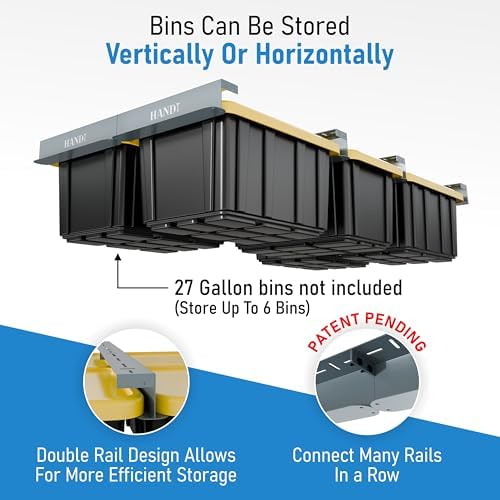 USA Based Overhead Garage Storage Rack, Connectable Heavy Duty Metal Ceiling Rails Garage Storage Organization Shelving System, Hanging Racks Tote Containers, Supports Up To 6 Bins, 4 Sets Gray