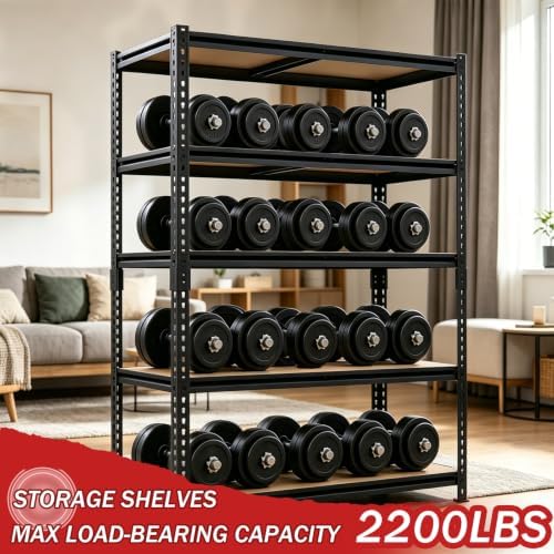 72" H Heavy Duty Garage Shelving, 2400LBS Capacity 5-Tier Storage Shelves,Adjustable Industrial Metal Garage Shelves for Basement Pantry Kitchen Warehouse, 16" D x 36" Wx72 H,Black