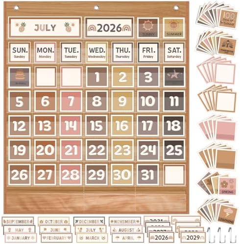 Sinload Classroom Calendar Pocket Chart Wood Color, Neutral Boho