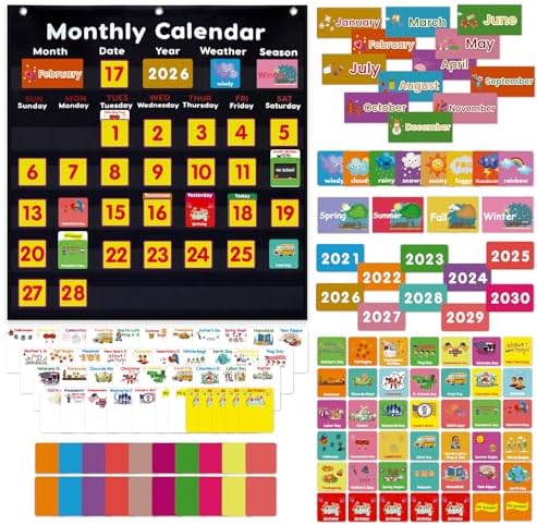 Calendar and Weather Pocket Chart Classroom,Monthly & Weather Pocket Chart,Monthly Calendar Pocket Chart with Cards for Classroom Supplies (Black)