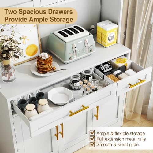 71"Large Metal Pantry Storage Cabinet with 2 Drawers,Farmhouse Wide Kitchen Pantry Storage with Adjustable Shelves,Tall Kitchen Hutch with Countertop for Dining Room and Living Room,Home Office,White