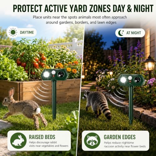 2026 Solar Ultrasonic Motion Activated Animal Repellent Sonic Fortress Pro Deer Repellent for Plants, Waterproof Racoon Repellent Ultrasonic Squirrel Repeller Outdoor with Light for Cat Rabbit(2Pack)