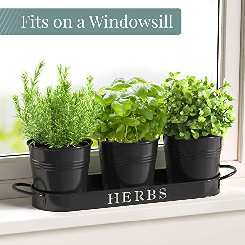 Barnyard Designs Indoor Herb Garden Planter Pots with Tray Set/3 (Black)