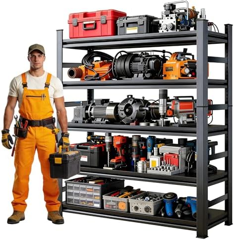 72''H Metal Garage Shelving Heavy Duty Storage Shelves Series, Large Industrial 5tier Shelving Unit for Basement, Business, Factories, Commercial, Warehouse and Workshop, with Side Retaining Bars