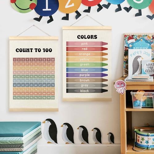 TLESKE 1-100 Numbers Hundreds Colors Chart Poster Hanger Frame for Toddler Kid Classroom Set of 2, Homeschool Hanging Wall Art Decor for Nursery Playroom, Preschool Learning Educational Poster, 16x24