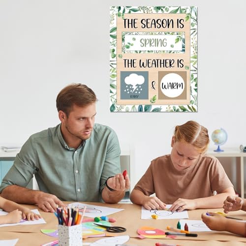 Eucalyptus Leaves Season and Weather Calendar Bulletin Board Season Calendar Posters with Weather Cards Hook and Loop Dots for Classroom Wall Decor Preschool Kindergarten Student Teacher Supplies