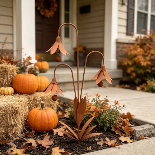 Triple Bluebells Garden Stake with Bell, Durable Metal Flower Outdoor Yard