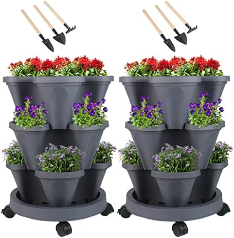 GameXcel Vertical Planter Tower - 3 Tier Stackable Garden Planters with Wheels and Tools Plant Pots for Strawberry Herb Flower and Vegetable Indoor Outdoor Use Dark Gray 2 Pack