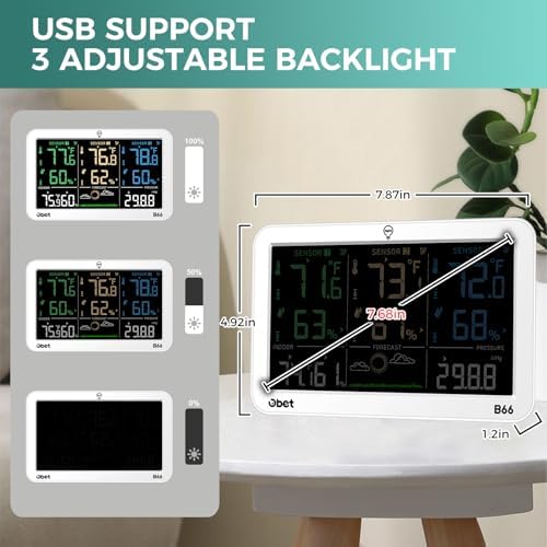 OBET Weather Station Wireless Indoor Outdoor Thermometer Wireless, Color Display Digital Temperature and Humidity Monitor with 3 Sensors, Alerts, Adjustable Backlight, USB Port (500 Feet) White