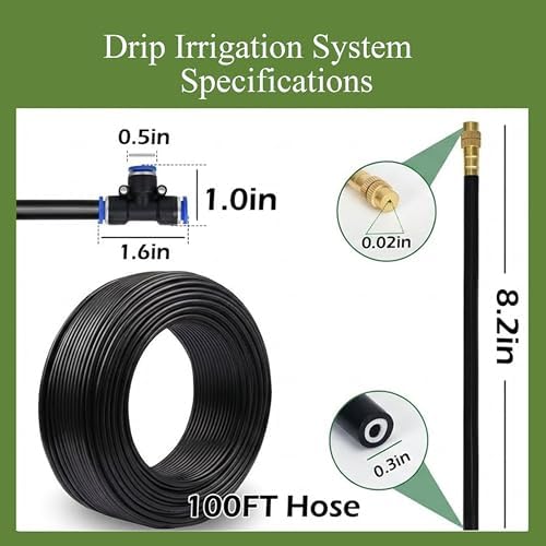 360° Adjustable Drip Irrigation System - 100FT Garden Watering System with 15 Nozzles, Garden Irrigation System, Greenhouse Accessories, Atomizing System for Yard, Lawn, Plants, 5/16 inch Hose