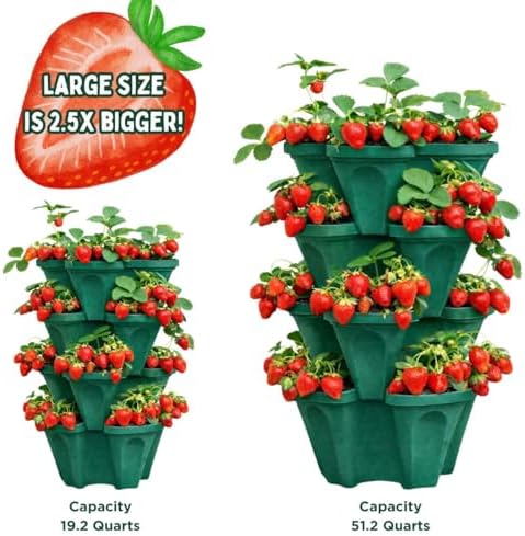 Large Vertical Planter Tower – 4 Tier Stackable Garden Planter, 16 Plant Sites, Commercial Grade Strawberry Planter, Heavy Duty Vertical Growing System with Center Support Hole (Deep Forest, Large)