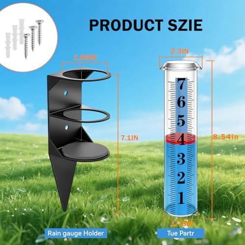 Rain Gauge Outdoor,7" Rain Gauges Outdoors Best Rated with Metal Rack Holder, Rain Measure Gauge, Easy to Read with Red Float, Large Font Plastic Replacement Tube for Yard Garden