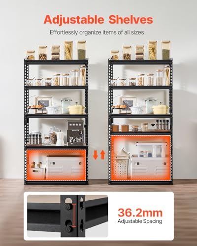 VEVOR Storage Shelves, 2000 lbs, 5 Tier Garage Storage Shelving, 16" D x 32" W x 62.8" H Adjustable Metal Shelves for Garage Shelves Utility Rack Shelf, Ideal for Kitchen, Warehouse, Basement, Black
