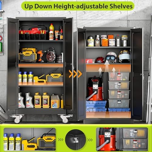 61-Inch Metal Garage Storage Cabinet with Wheels, Locking Doors and Shelves