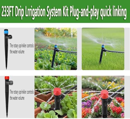 233FT Drip Irrigation System Kit with Quick-Connect System,33FT 1/2" Mainline & 200FT 1/4" Tubing,Brass Y-Type Splitter,Adjustable Nozzle Types.Garden Efficient Sprinkler System Kit