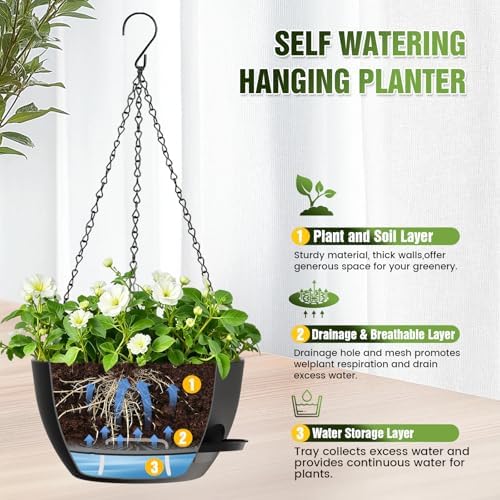 12 Inch Large Self Watering Hanging Planters 2 Pack with Saucers