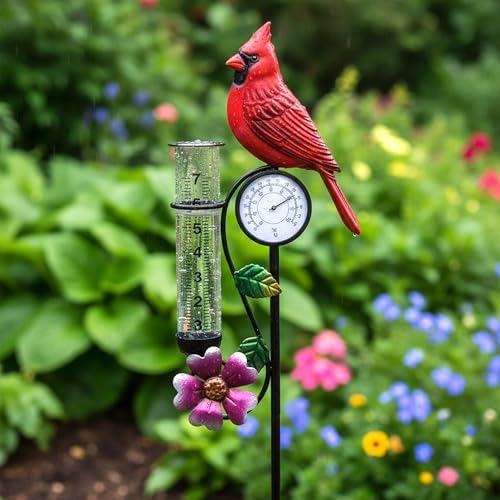 40" Garden Rain Gauge - 7" Glass Tube for Outdoor Indoor Use, Patio Yard Decor Statue,Metal Red Bird Rain Gauge.