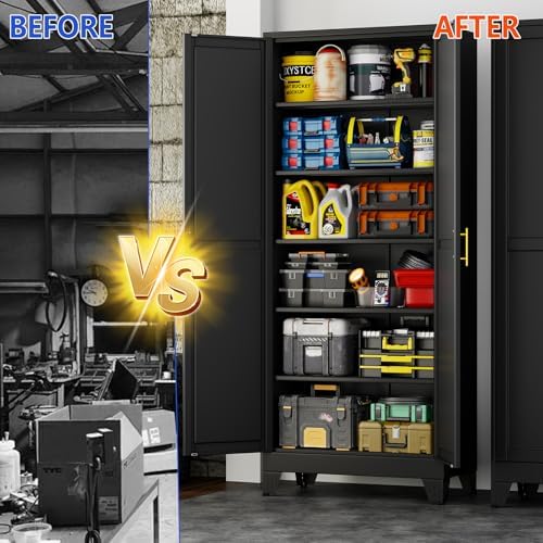 GAIOUS 75''Tall Metal Garage Storage Cabinet,File Cabinet with Door and Adjustable Shelves, Outdoor Steel Tool Cabinet for Home,Office,Warehouse,Garage,Black