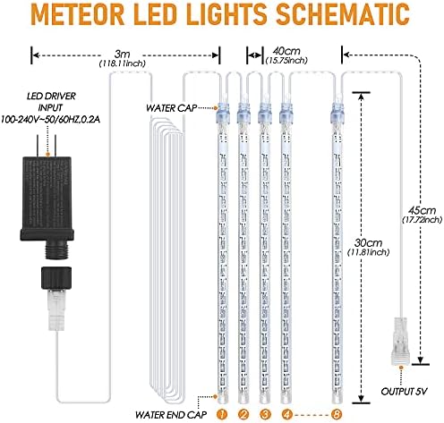 Christmas Lights Meteor Shower Rain Light Falling Rain Lights with 8 Tubes 192 LEDs Waterproof Icicle Snow Fall String Lights for Party Tree Home Patio Outdoor Decoration(8 Tubes,White)