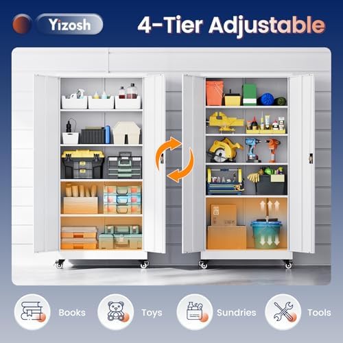 Yizosh Metal Garage Storage Cabinet with Locking Doors and Adjustable Shelves,- 75" Rolling Steel Tool Cabinet for Home Office,Garage,Warehouse